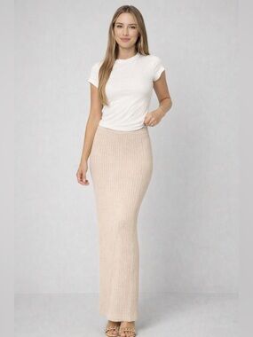 White Fox Flirtacious Ribbed Maxi Skirt Oatmeal Bodycon XXS NWT